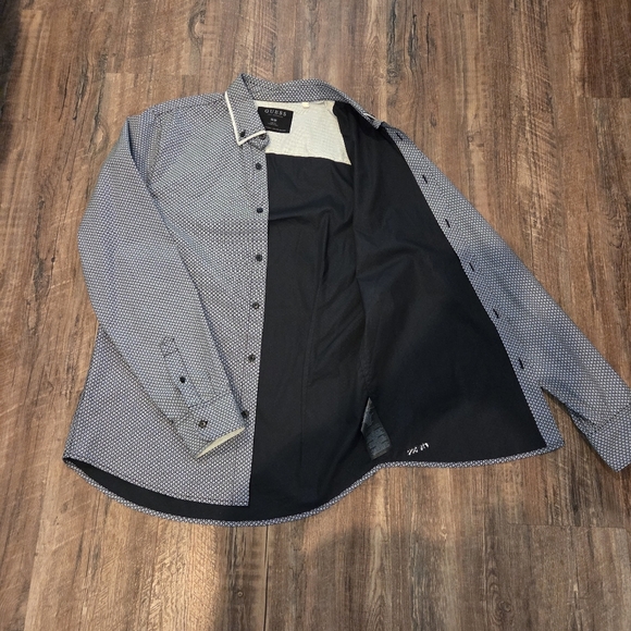 Guess Los Angeles Geometric Print Button Down Shirt M Black And Cream - Picture 10 of 11